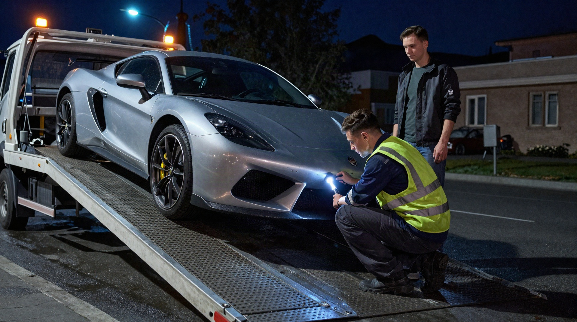 Спортивный автомобиль с низким клиренсом аккуратно загружается на платформу эвакуатора ночью.